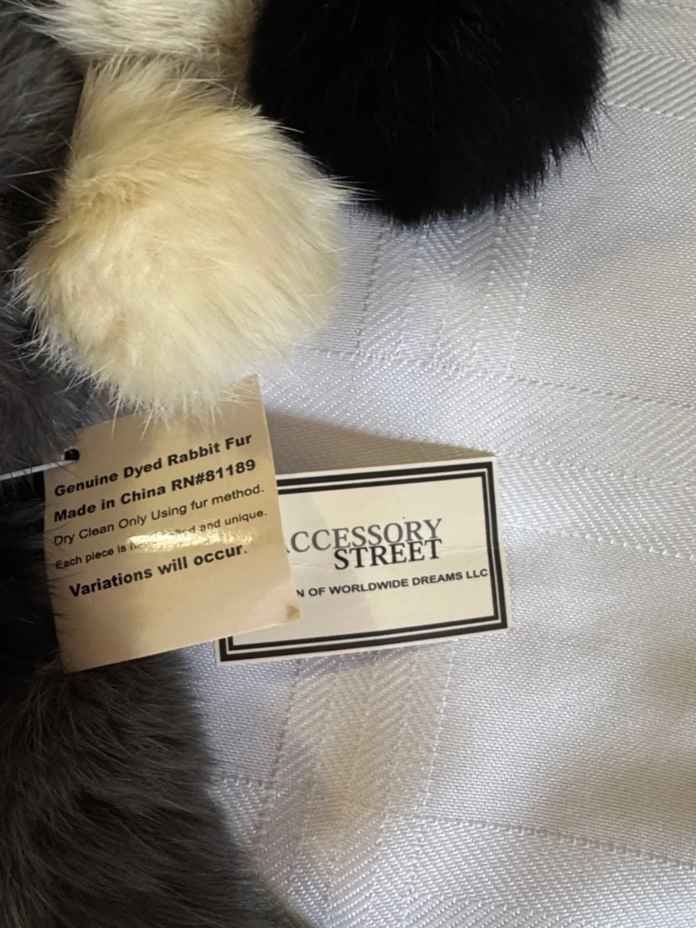 Genuine Fur Pom-Pom Scarf — Black, Gray & Cream